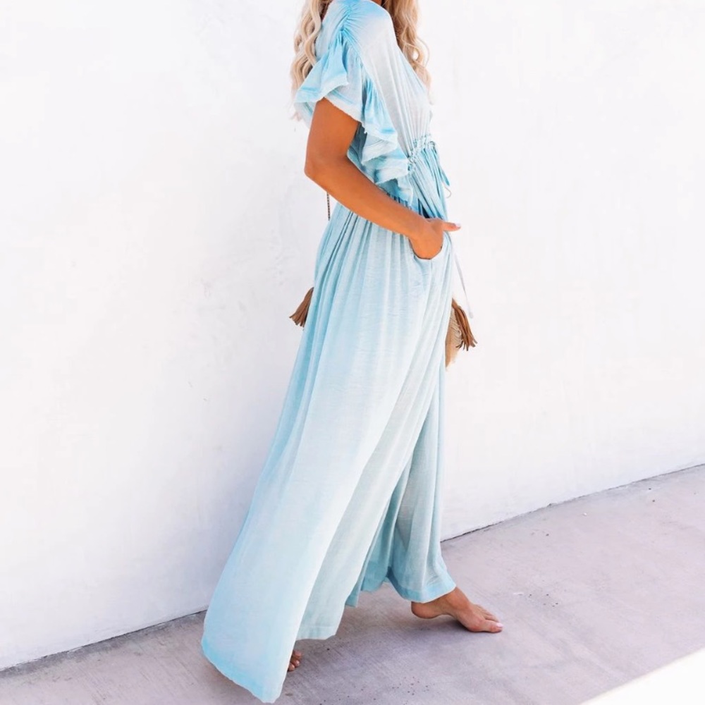 Light Blue Gauze Boho Button Maxi Dress - Picture 3 of 7